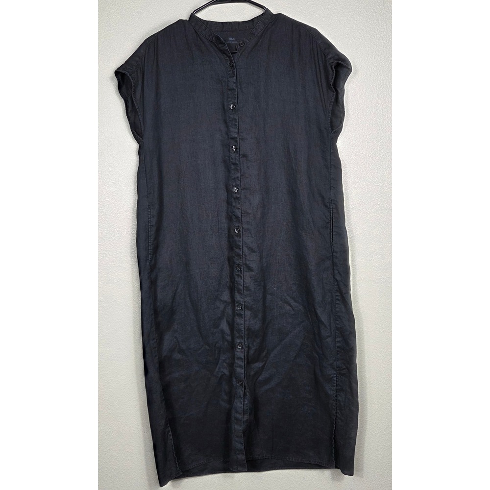 MUJI 100% Linen Black Button Front Midi Shirt Dress XS-S Minimalist